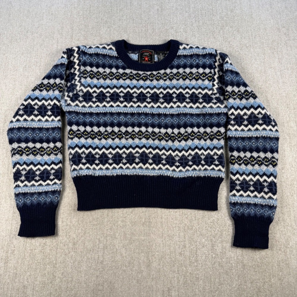 American Eagle Sweater Womens M Blue Fair Isle Wool Angora Crewneck Long Sleeve